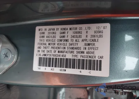 2008 Honda Accord 2.4 Ex from USA, damaged, VIN JHMCP26768C041458
